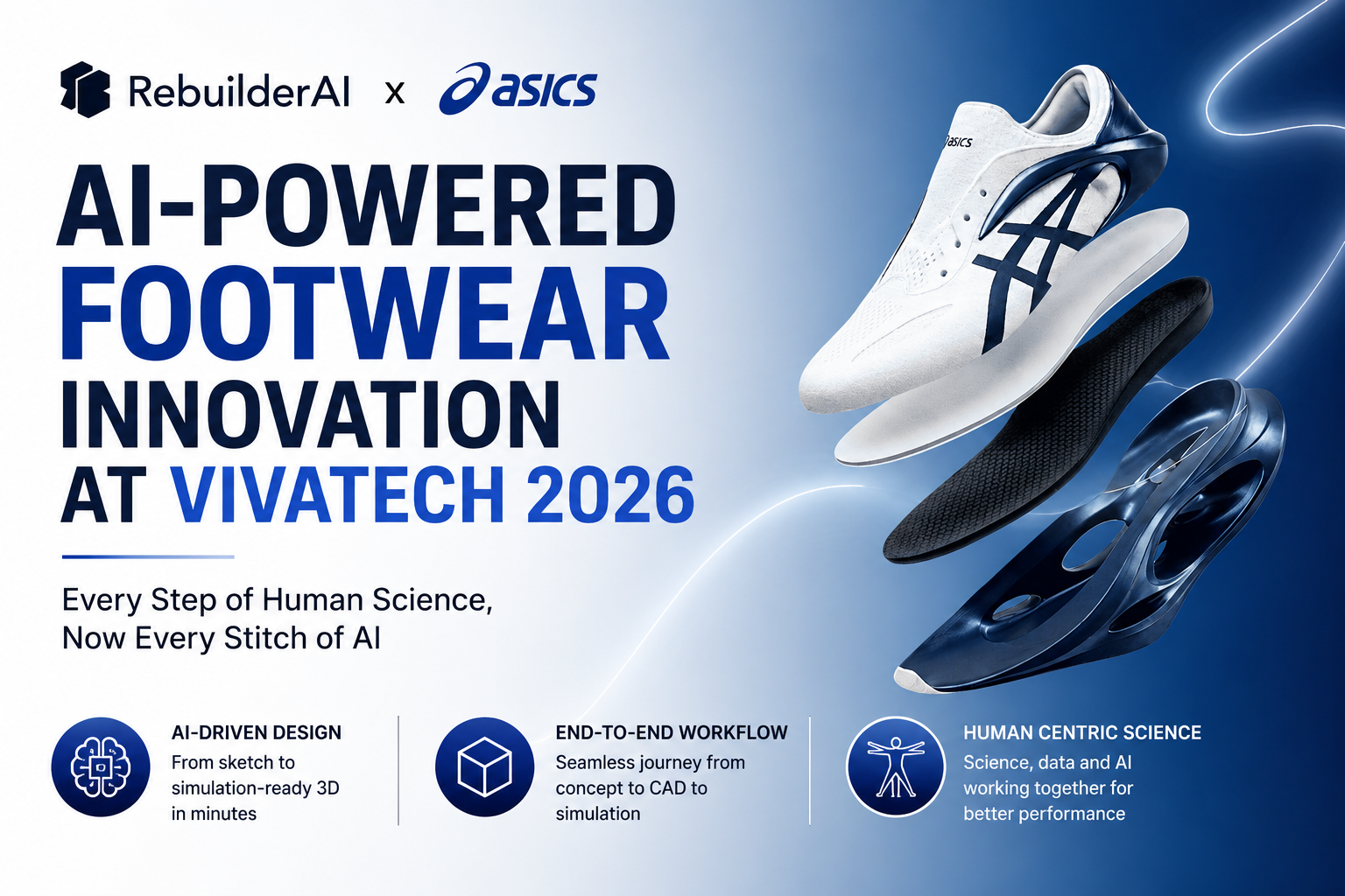 ASICS unveiled AI-driven footwear design and manufacturing simulation technology with RebuilderAI at Paris' VivaTech 2026, demonstrating a revolutionary R&D workflow.