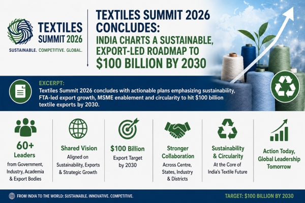 Textiles Summit 2026 concludes with actionable plans emphasizing sustainability, FTA-led export growth, MSME enablement and circularity to hit $100 billion textile exports by 2030.