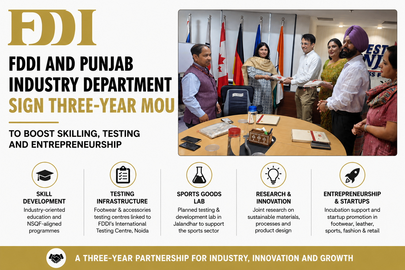 FDDI and Punjab’s Industries & Commerce department signed a three-year MoU to strengthen skilling, testing, research and startups across footwear, sports goods and allied sectors.