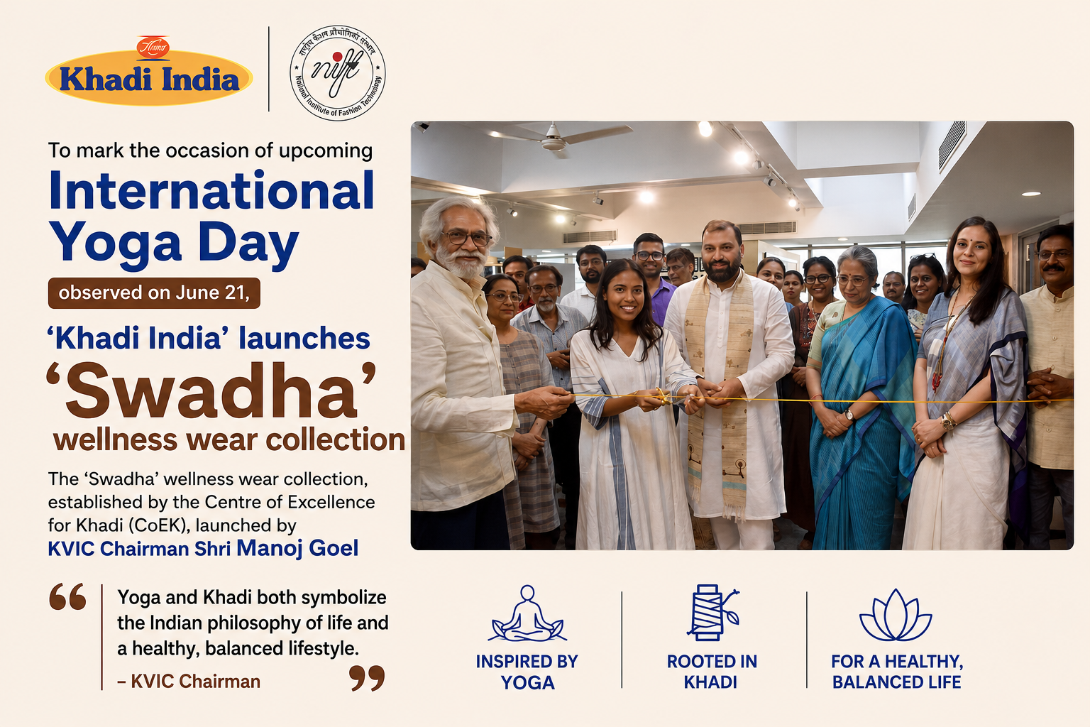 KVIC launches 'Swadha' wellness wear by CoEK — a breathable, gender-neutral Khadi collection blending yoga tradition with modern comfort and sustainability.