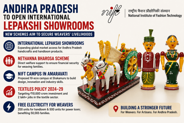 Andhra Pradesh will launch overseas Lepakshi showrooms, expand welfare schemes and launch NIFT Amaravati to strengthen handloom and handicraft artisans’ economic security.