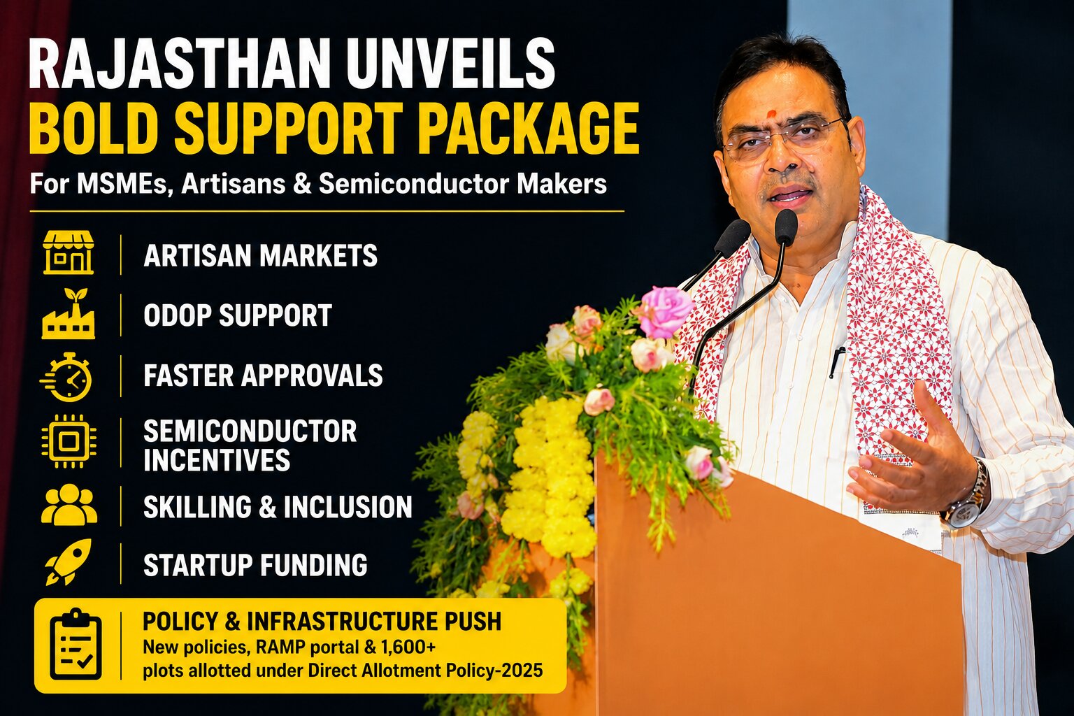 Rajasthan launched targeted measures to boost MSMEs, artisan markets, startups and electronics manufacturing, cutting approval times and expanding financial and training support.