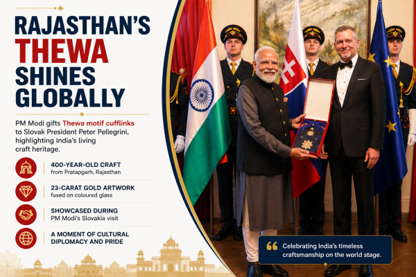 Prime Minister Narendra Modi showcased Rajasthan’s centuries-old Thewa art by gifting Thewa motif cufflinks to Slovakia’s president, spotlighting India’s living craft heritage.