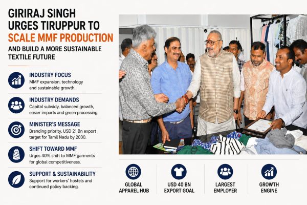 Textile Minister Giriraj Singh backed MMF expansion, sustainable production, and stronger policy support for India’s apparel export growth.