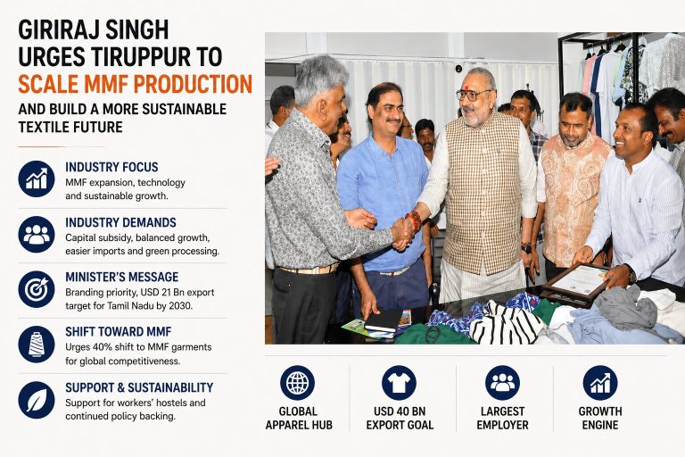 Textile Minister Giriraj Singh backed MMF expansion, sustainable production, and stronger policy support for India’s apparel export growth.