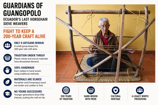 In Guangopolo, Ecuador, a handful of artisans still weave horsehair cedazos by hand, preserving a fading tradition against plastic, scarcity, and time.