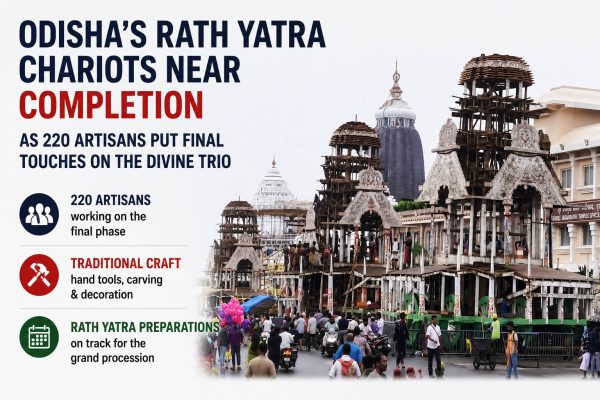 In Puri, skilled artisans are completing the three Jagannath Rath Yatra chariots with traditional tools, devotion, and precision ahead of the annual procession.