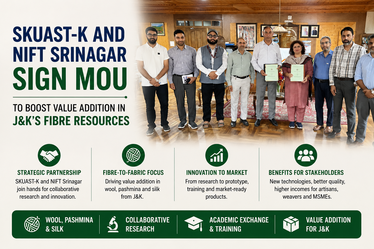 SKUAST-K and NIFT Srinagar Sign MoU to Boost Value Addition in J&K’s Fibre Resources